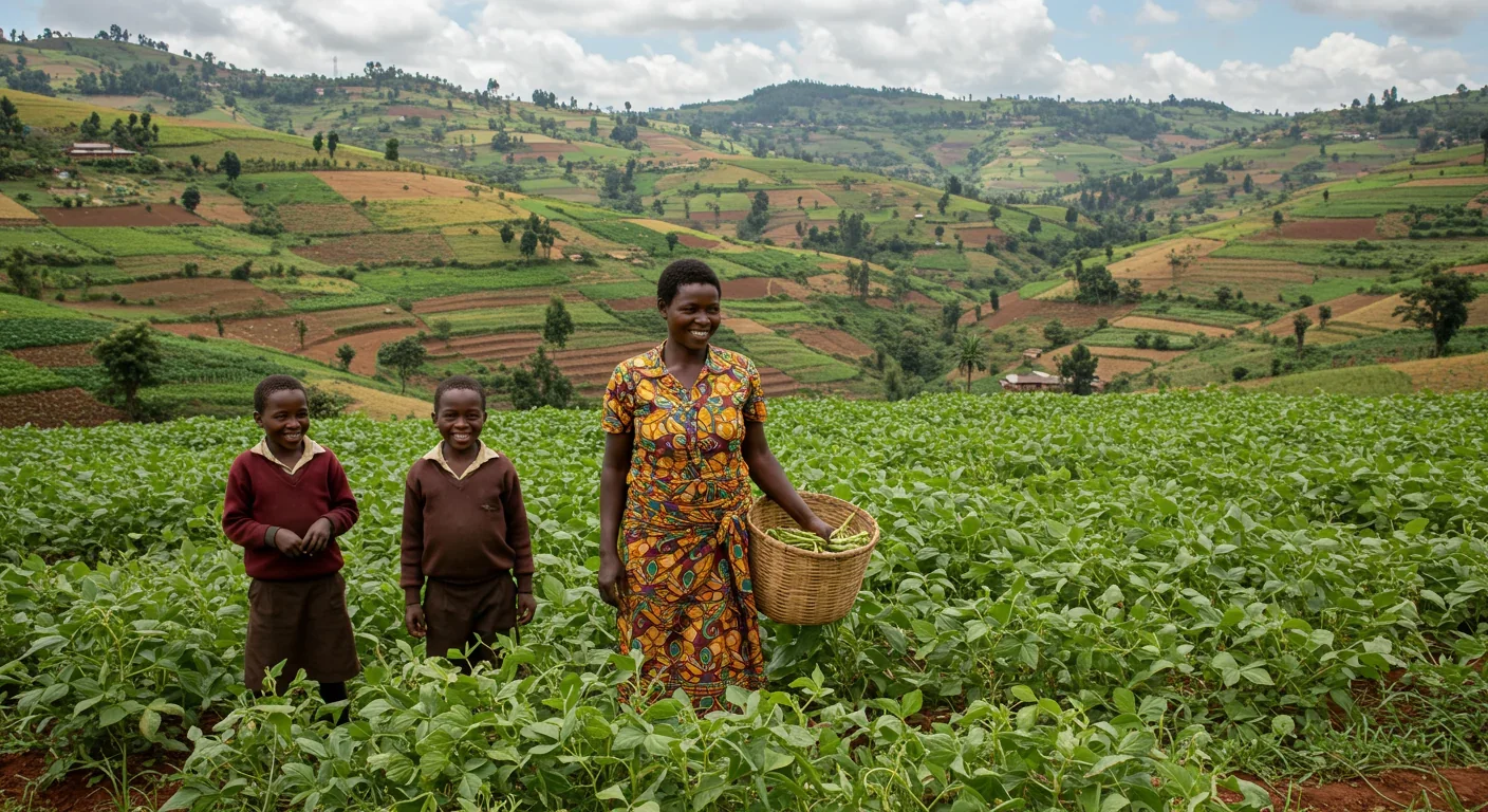 Rwandan woman farmer with children in thriving bean field showing community health and agricultural success