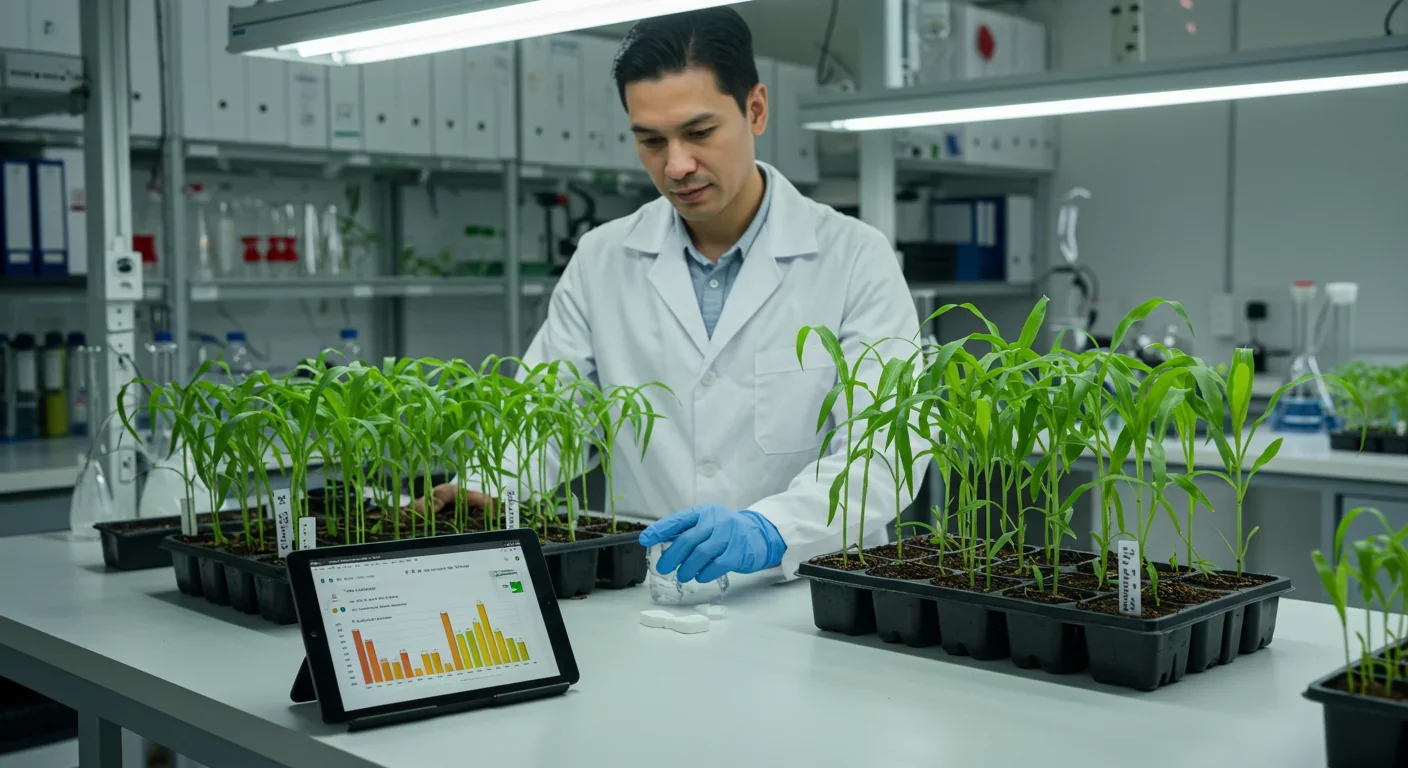 Agricultural scientist examining pearl millet varieties in research laboratory for biofortification breeding program