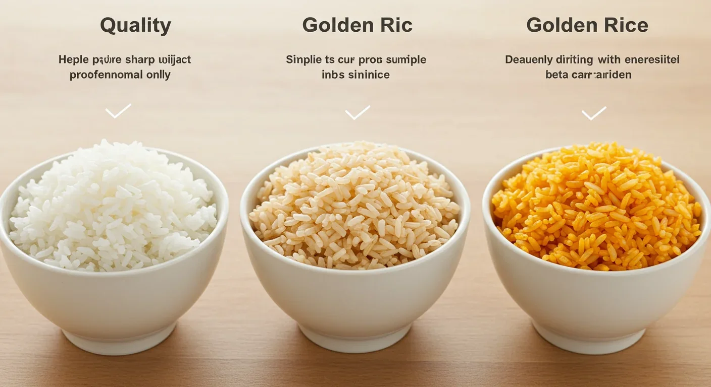 Side-by-side comparison of white conventional rice, slightly enriched rice, and golden beta-carotene-rich Golden Rice in bowls