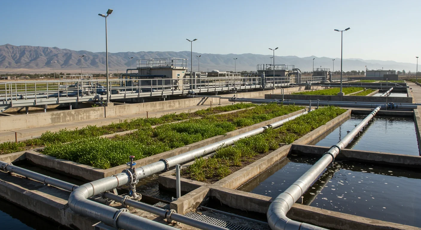 Constructed wetland system treating industrial wastewater using bacteria and plants to remove heavy metals
