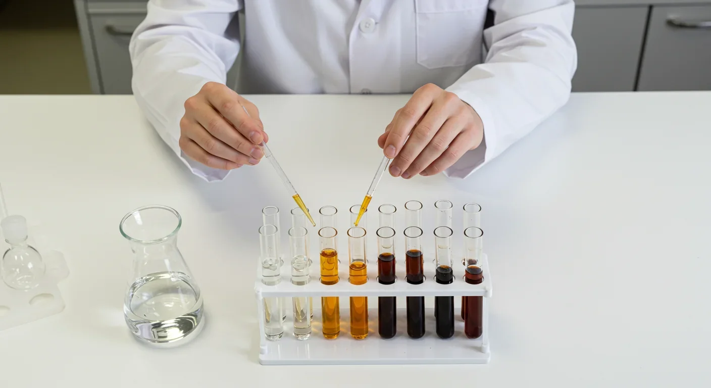 Laboratory technician analyzing water samples showing progressive stages of bacterial metal precipitation