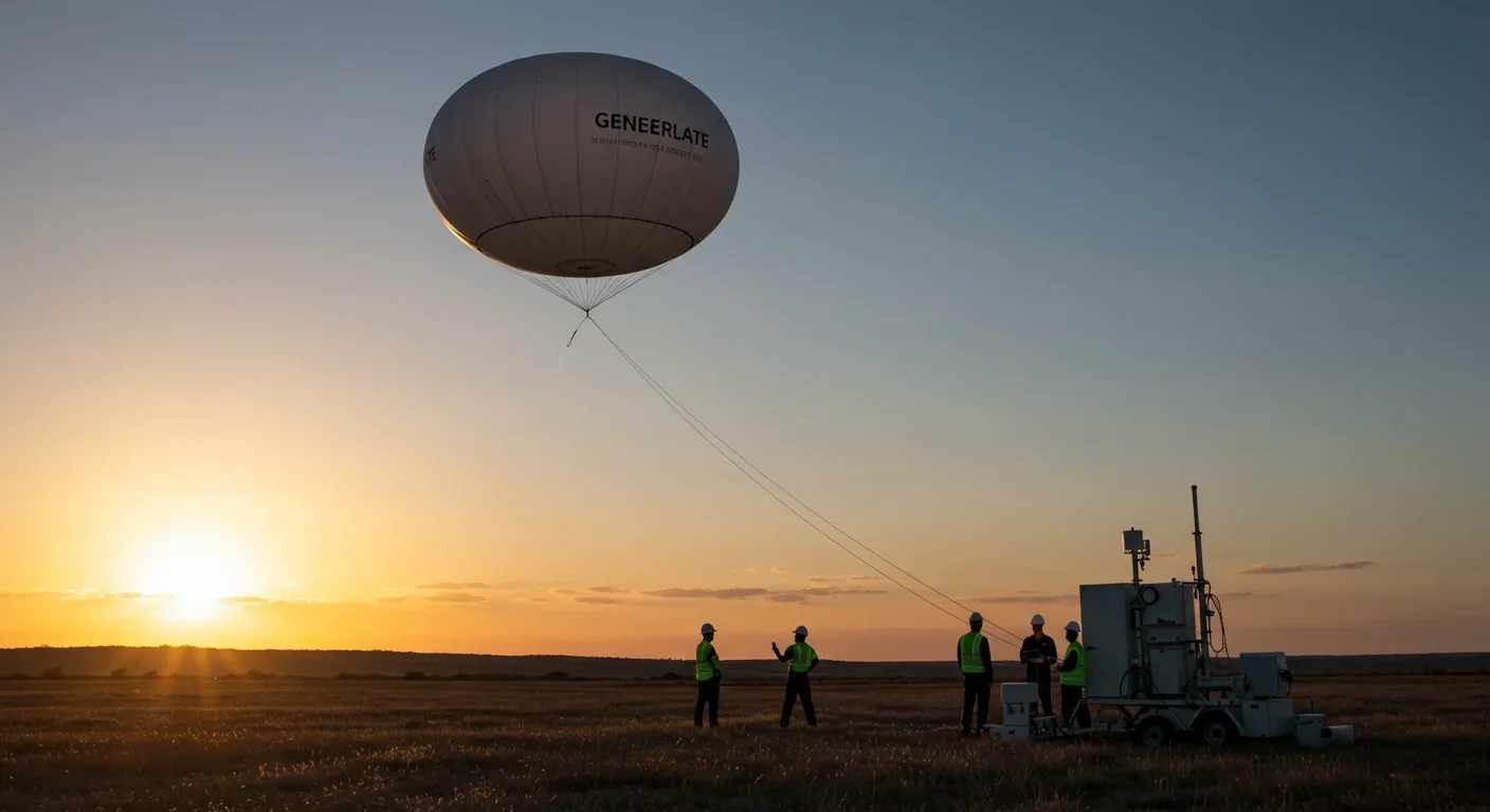 Helium-filled airborne wind turbine floating at high altitude with tethers connecting to ground station and engineering team