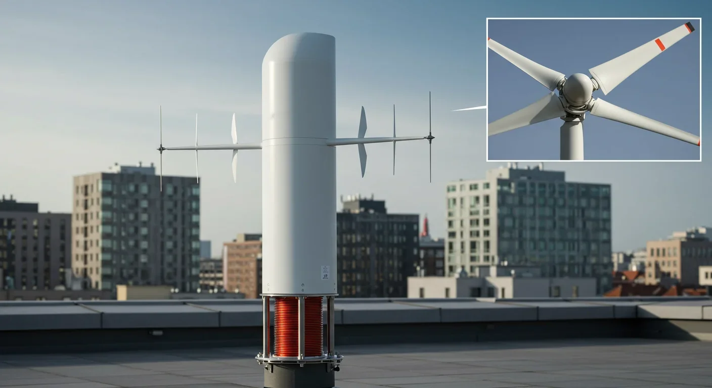 Bladeless wind turbine cylinder swaying on urban rooftop with electromagnetic base visible and traditional turbine blade for comparison
