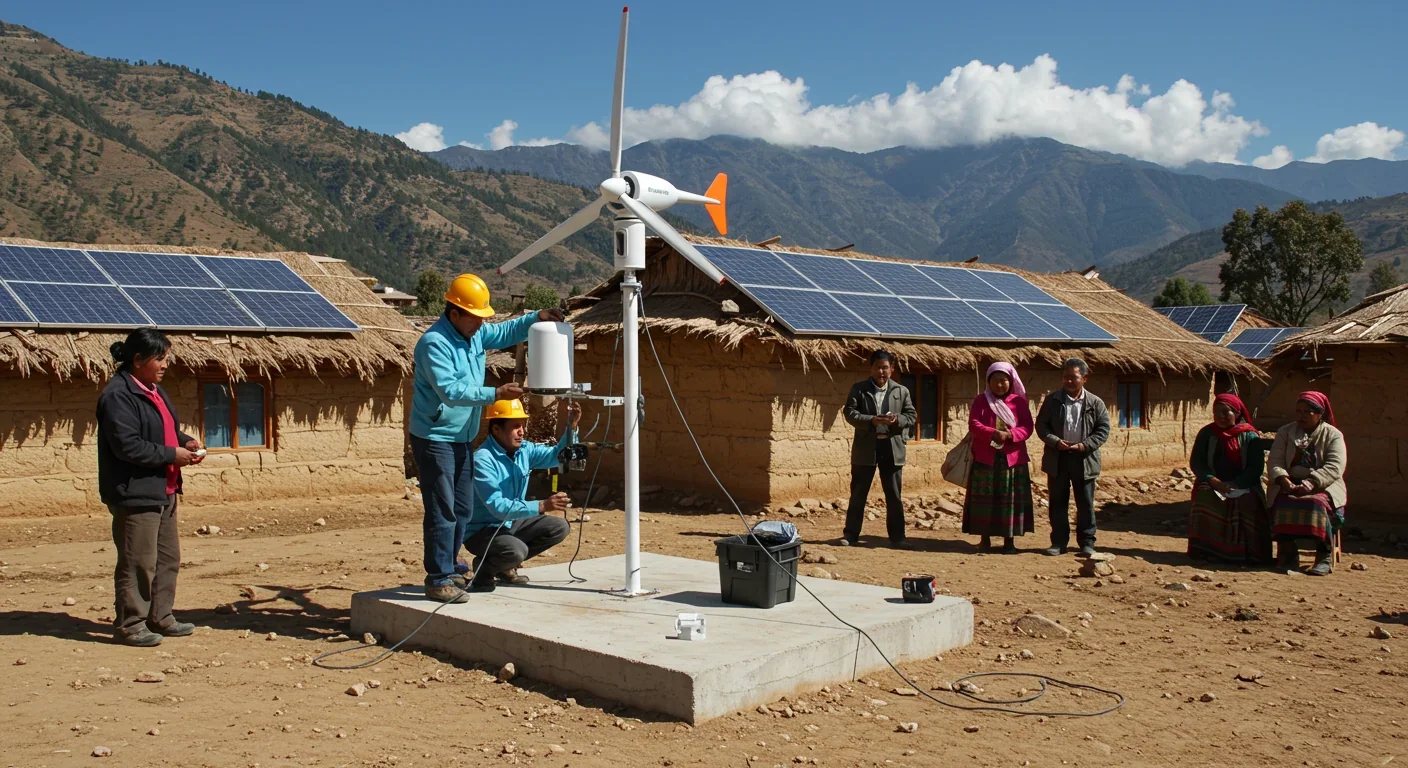 Technician installing compact bladeless wind turbine on concrete pad in remote village with solar panels and local residents nearby