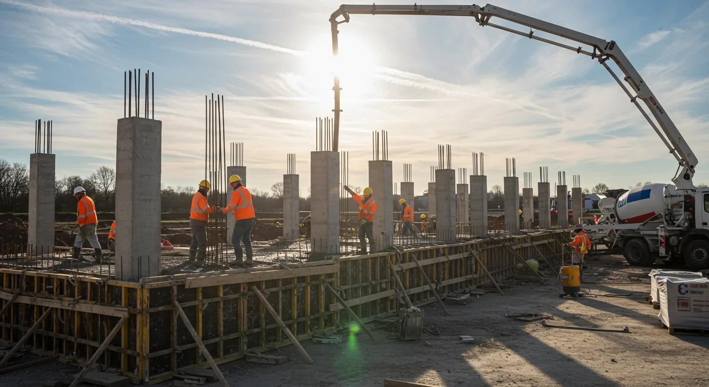Construction workers pouring carbon-negative concrete with CO2 injection equipment at modern building site
