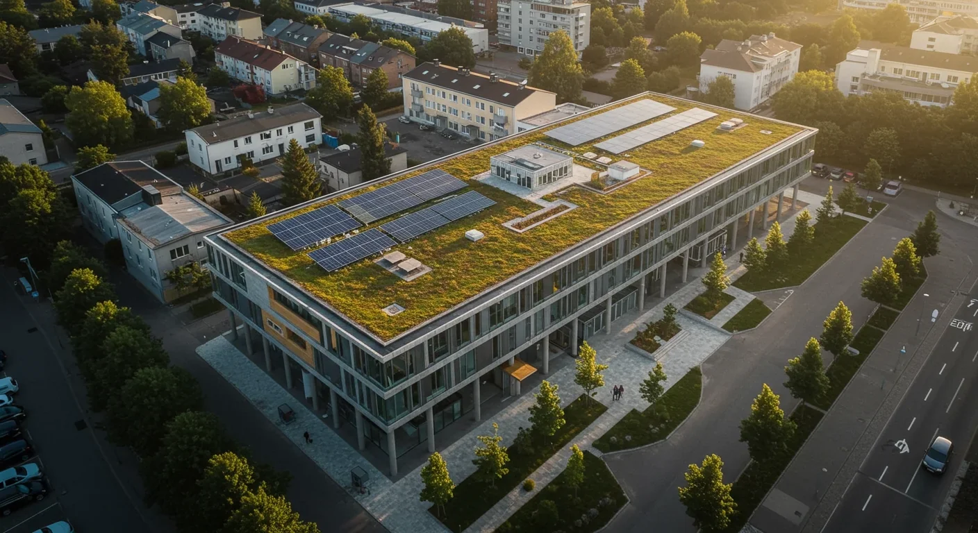 Aerial view of sustainable urban development featuring carbon-negative concrete buildings