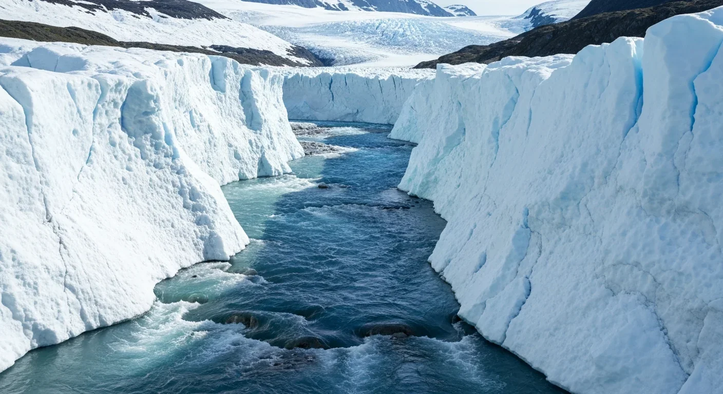A powerful meltwater river carving through a Greenland glacier valley with towering ice walls on both sides