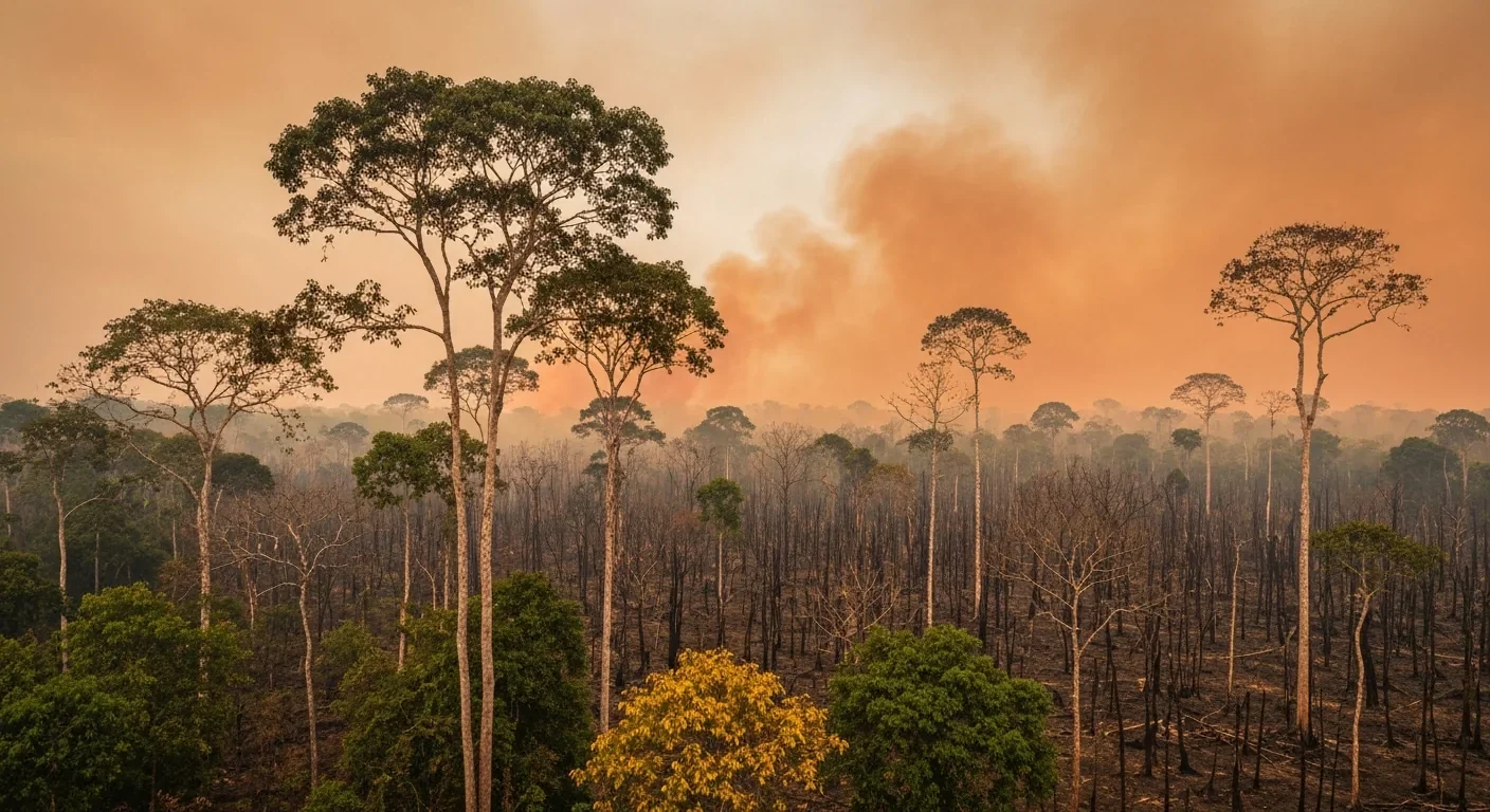 Drought-stressed section of Amazon rainforest with brown trees against green canopy and smoke-hazed orange sky from distant fires