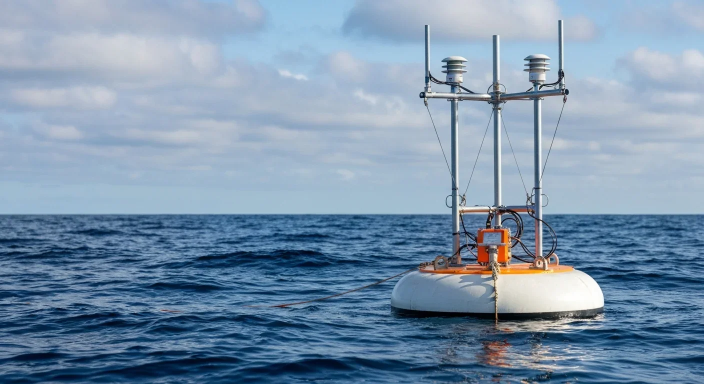 Scientific monitoring buoy floating in dark blue North Atlantic waters with sensor equipment and cloudy sky above