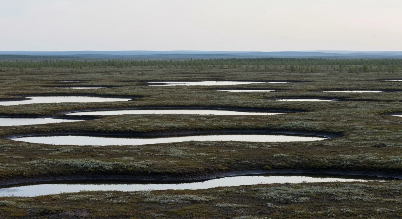 Siberian tundra showing thawed permafrost with exposed dark soil and scattered thermokarst lakes under a pale summer sky