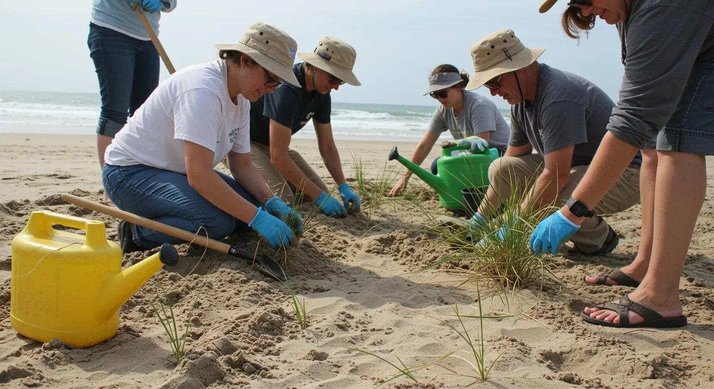 Volunteer hands planting native beach grass seedlings in sand during coastal dune restoration project with ocean in background