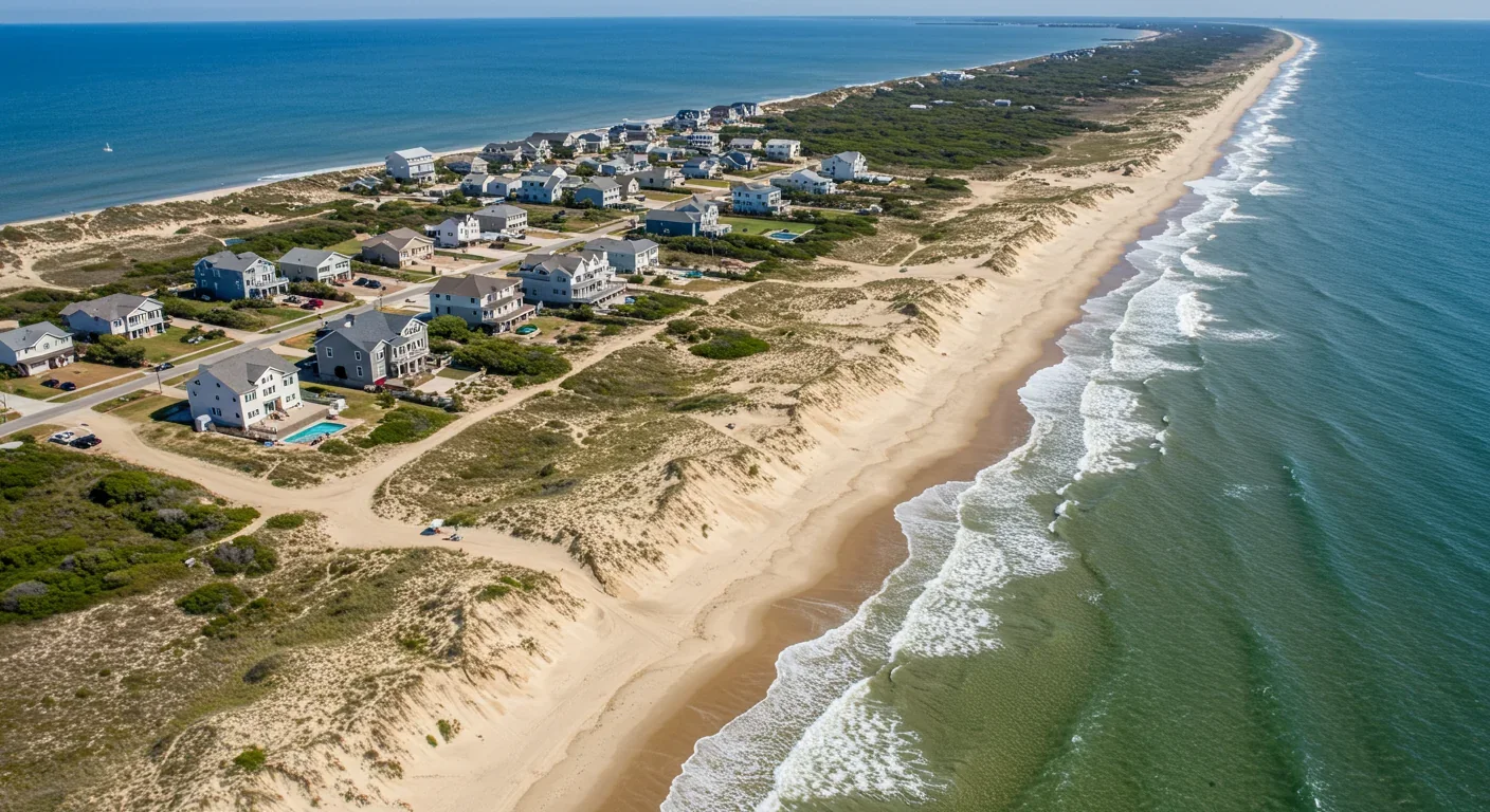 Aerial view of restored coastal dune system protecting beachfront homes from ocean erosion and storm surge with wide vegetated buffer zone