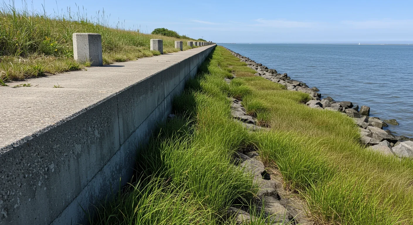Seawall with marsh vegetation growing at its base showing integrated coastal protection