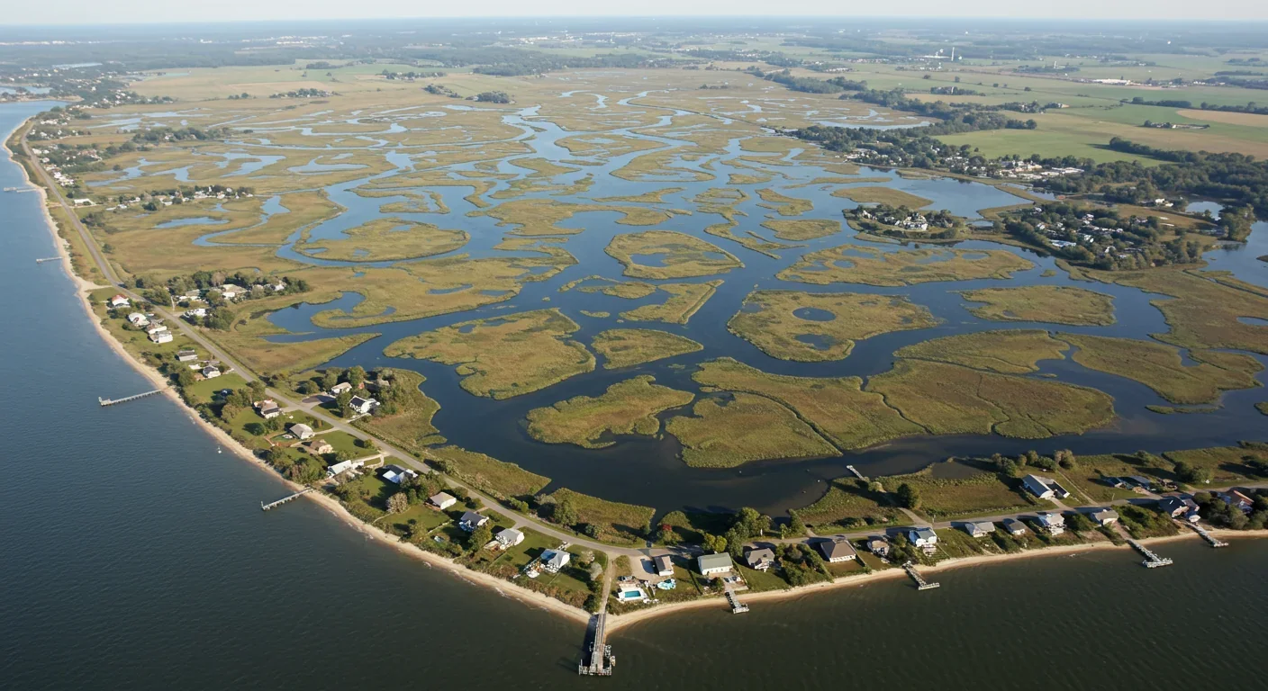 Chesapeake Bay coastline showing mix of marshland, farms, and rural development