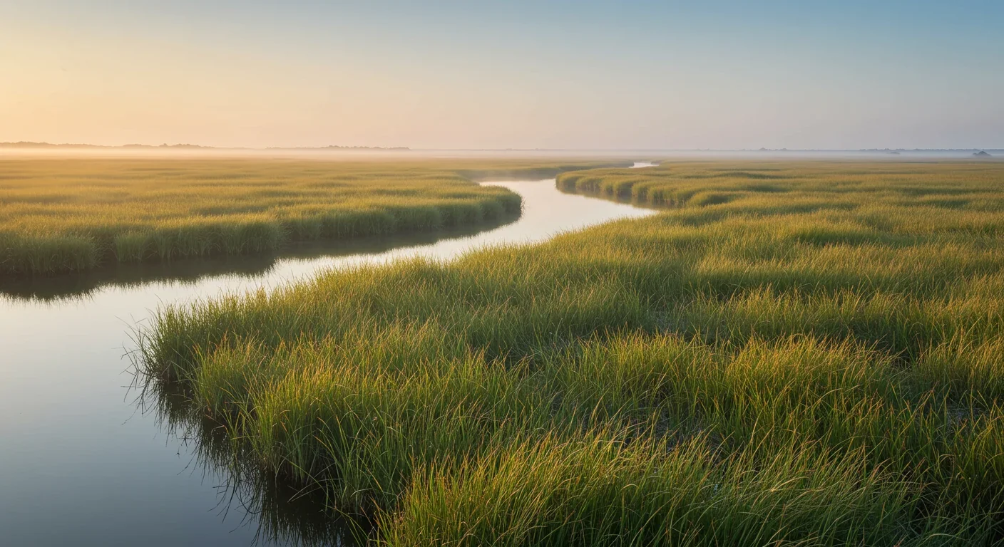 Expansive salt marsh with meandering tidal creek in morning light
