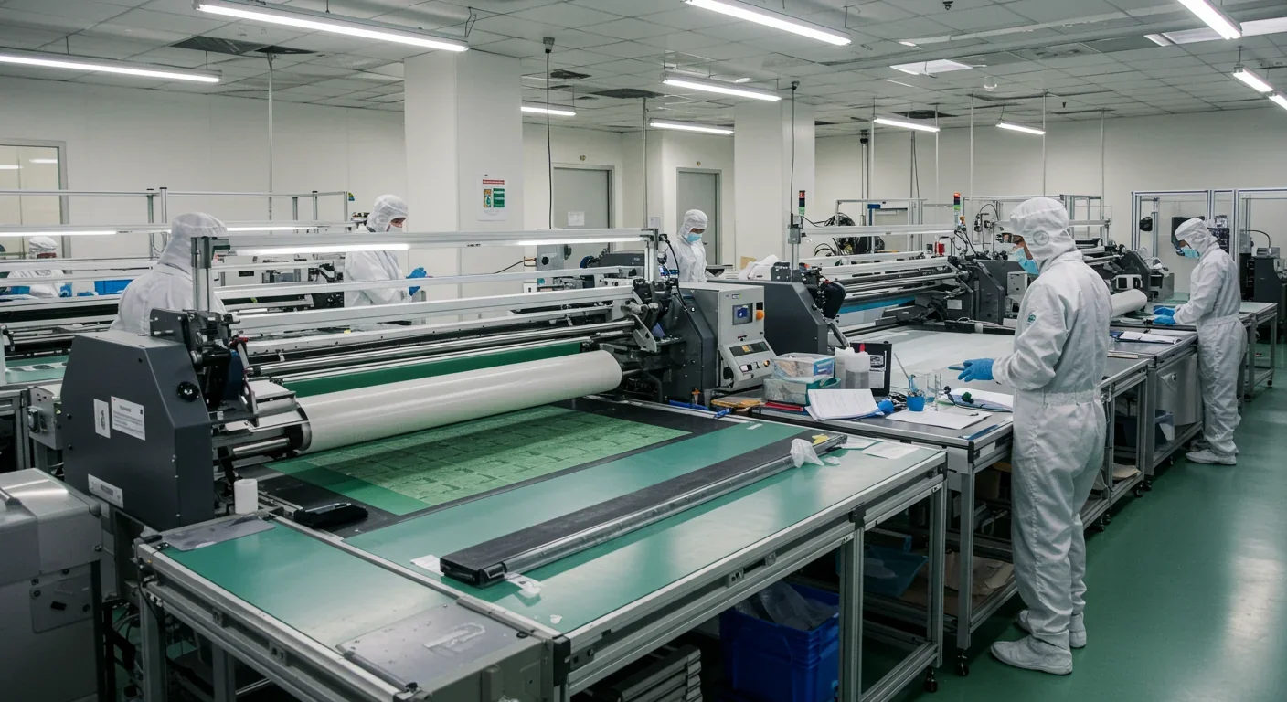 Factory workers operating roll-to-roll printing for biodegradable electronics