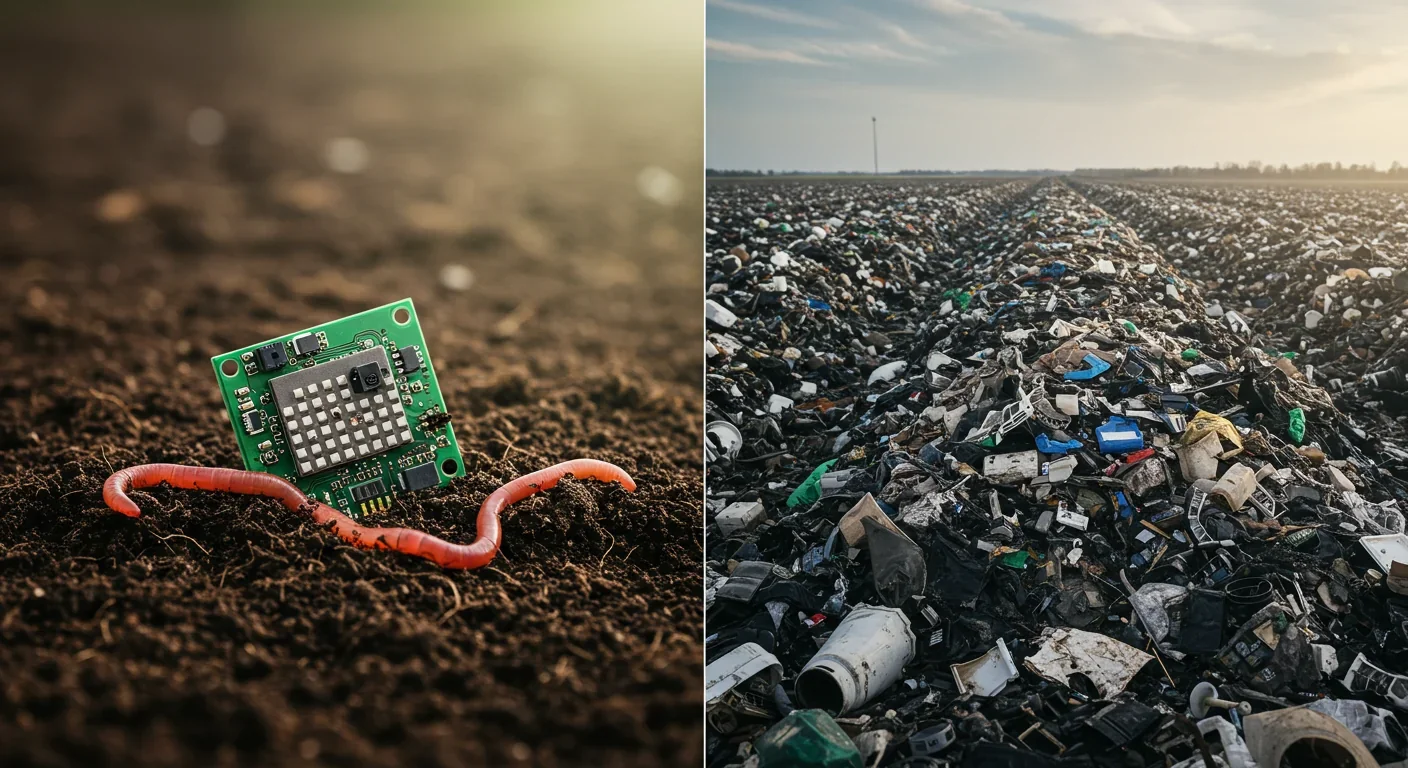 Decomposing biodegradable sensor in soil contrasted with traditional e-waste