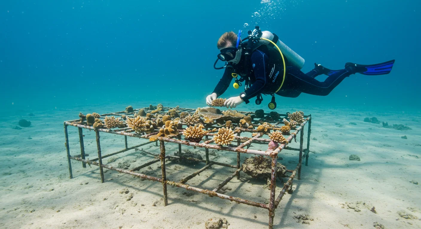 Side-by-side comparison showing healthy brown coral and bleached white coral demonstrating the effects of ocean warming