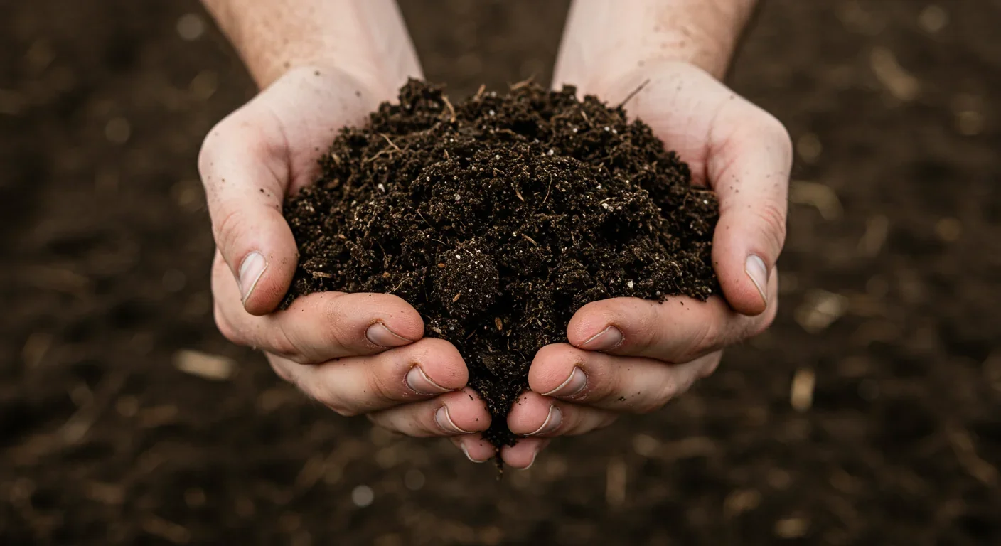 Farmer hands holding rich, organic soil improved by cover cropping