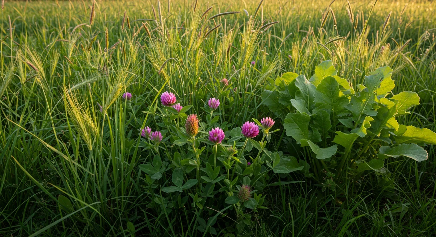 Multi-species cover crop mix with clover, rye, and radish growing together