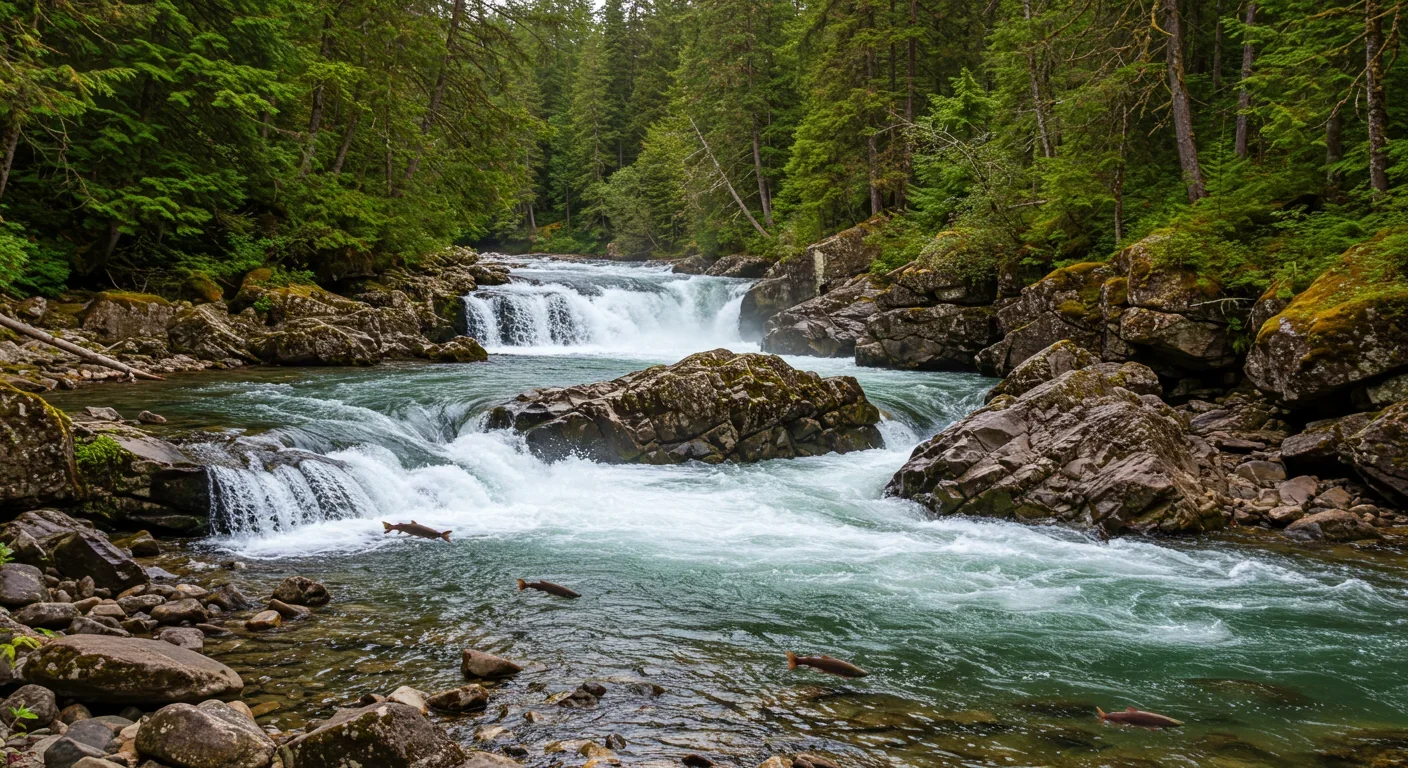 Restored river with salmon jumping through natural rapids surrounded by forest after dam removal