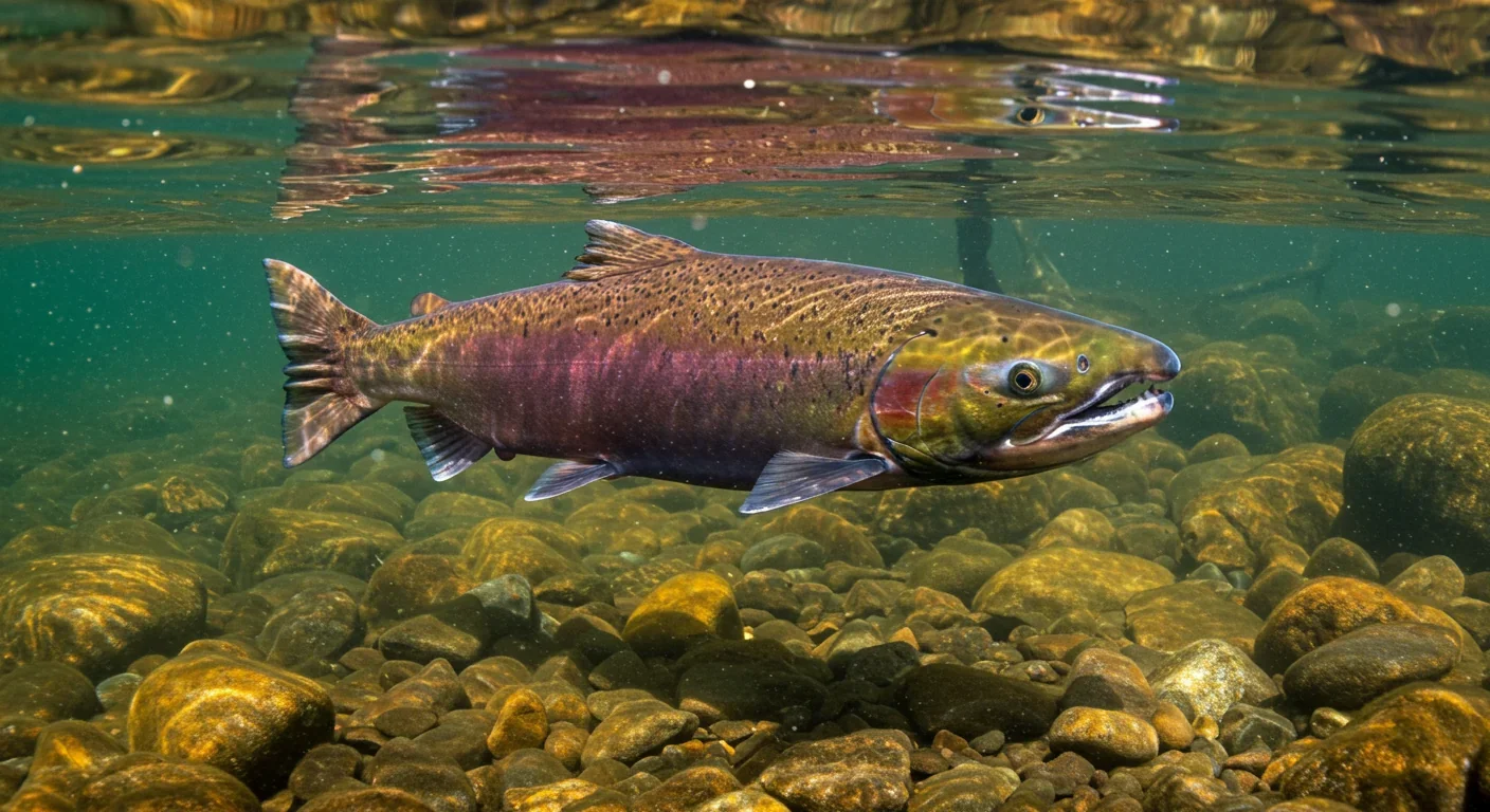 Chinook salmon swimming upstream in natural spawning habitat with gravel riverbed