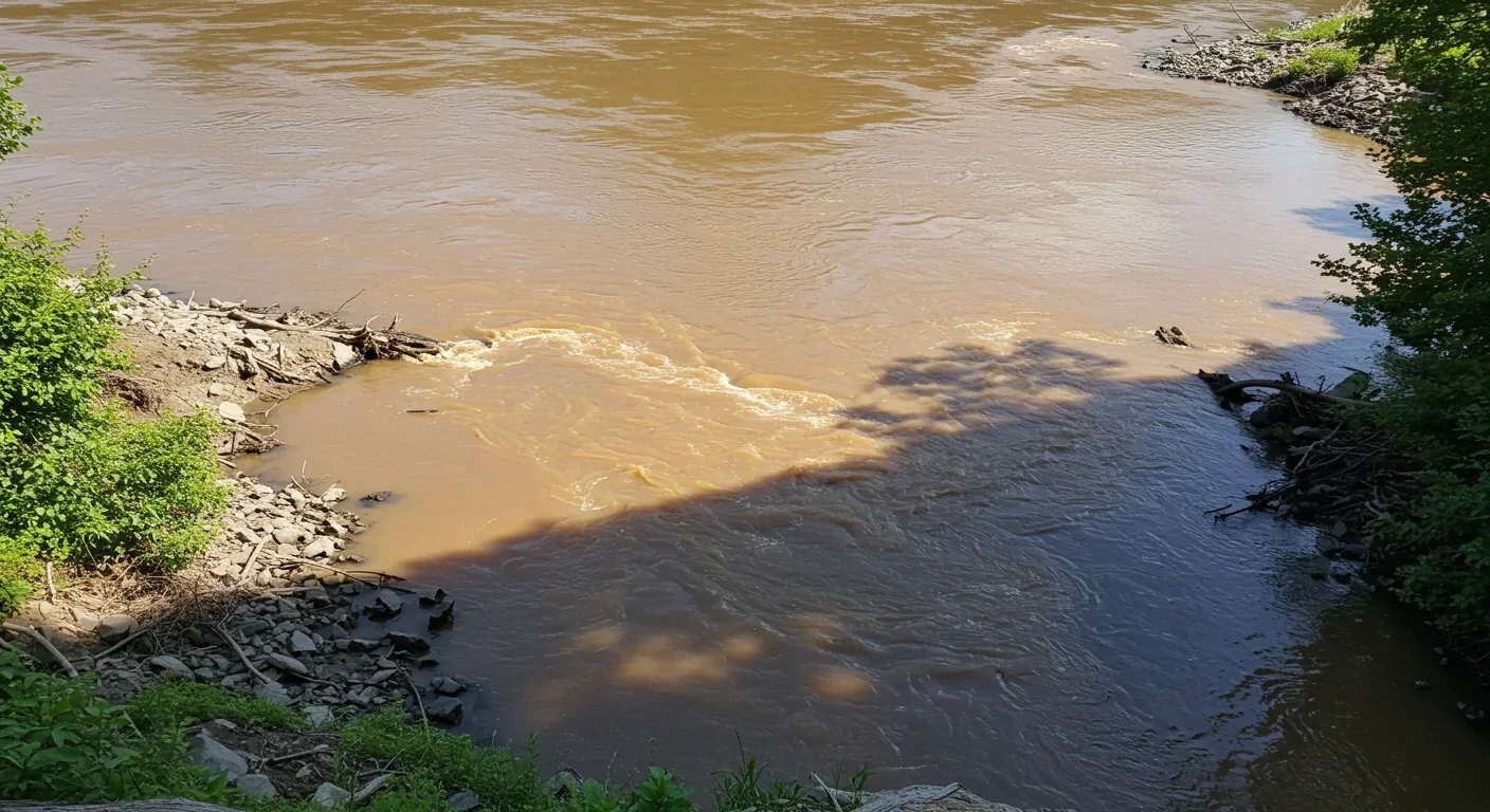 Natural sediment plume flowing downstream during controlled dam removal showing ecological transition