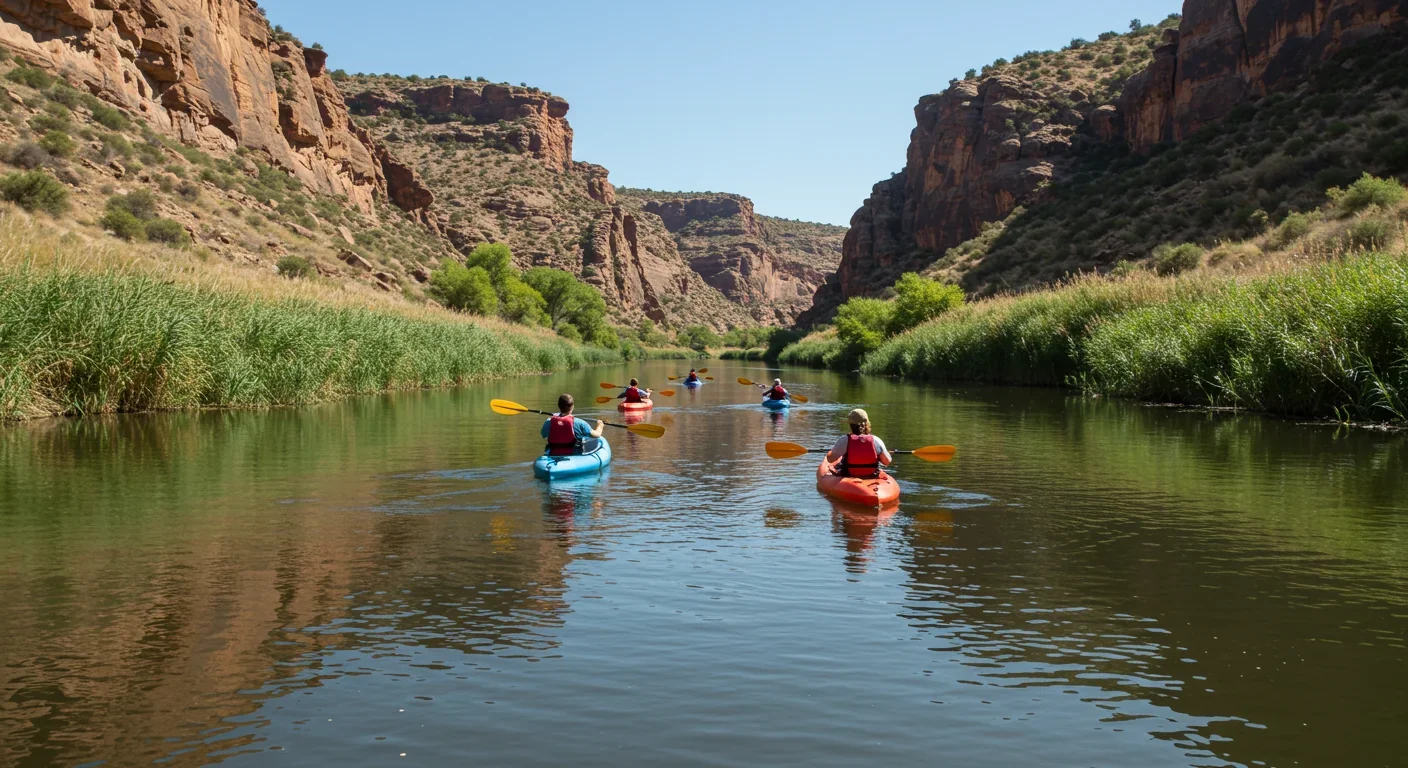 Kayakers enjoying restored river with healthy riparian vegetation and scenic canyon walls