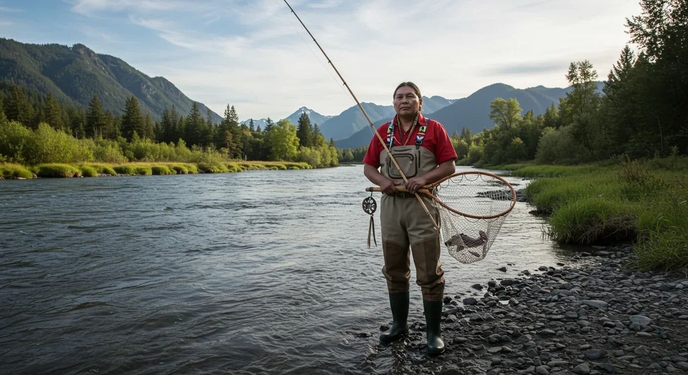 Tribal member with traditional fishing net by restored river celebrating return of salmon