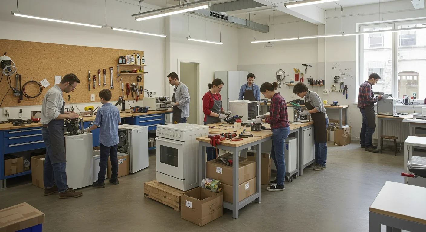 People collaborating in community repair cafe fixing appliances and sharing tools
