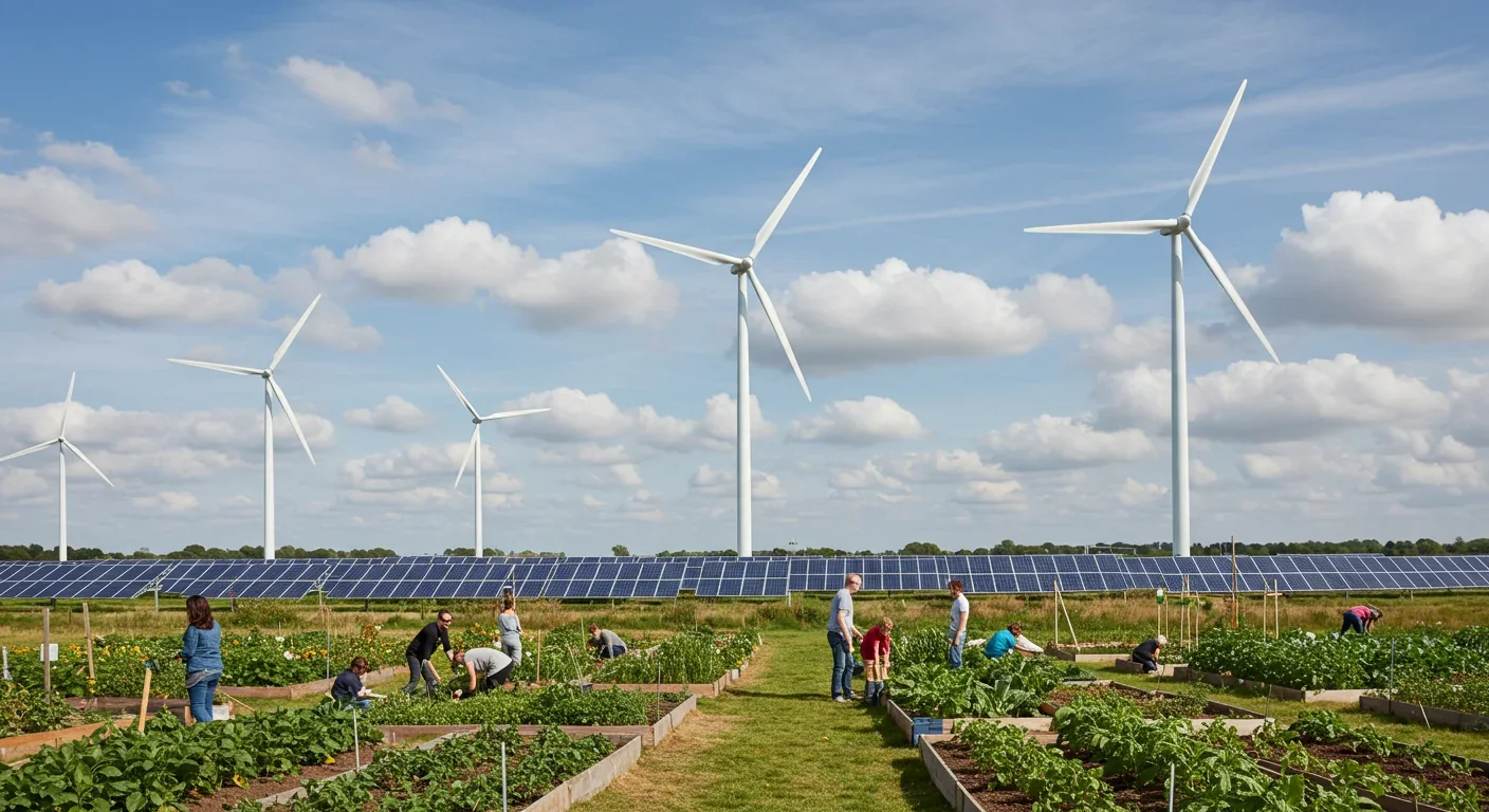 Renewable energy infrastructure and community gardens representing sustainable post-growth economy
