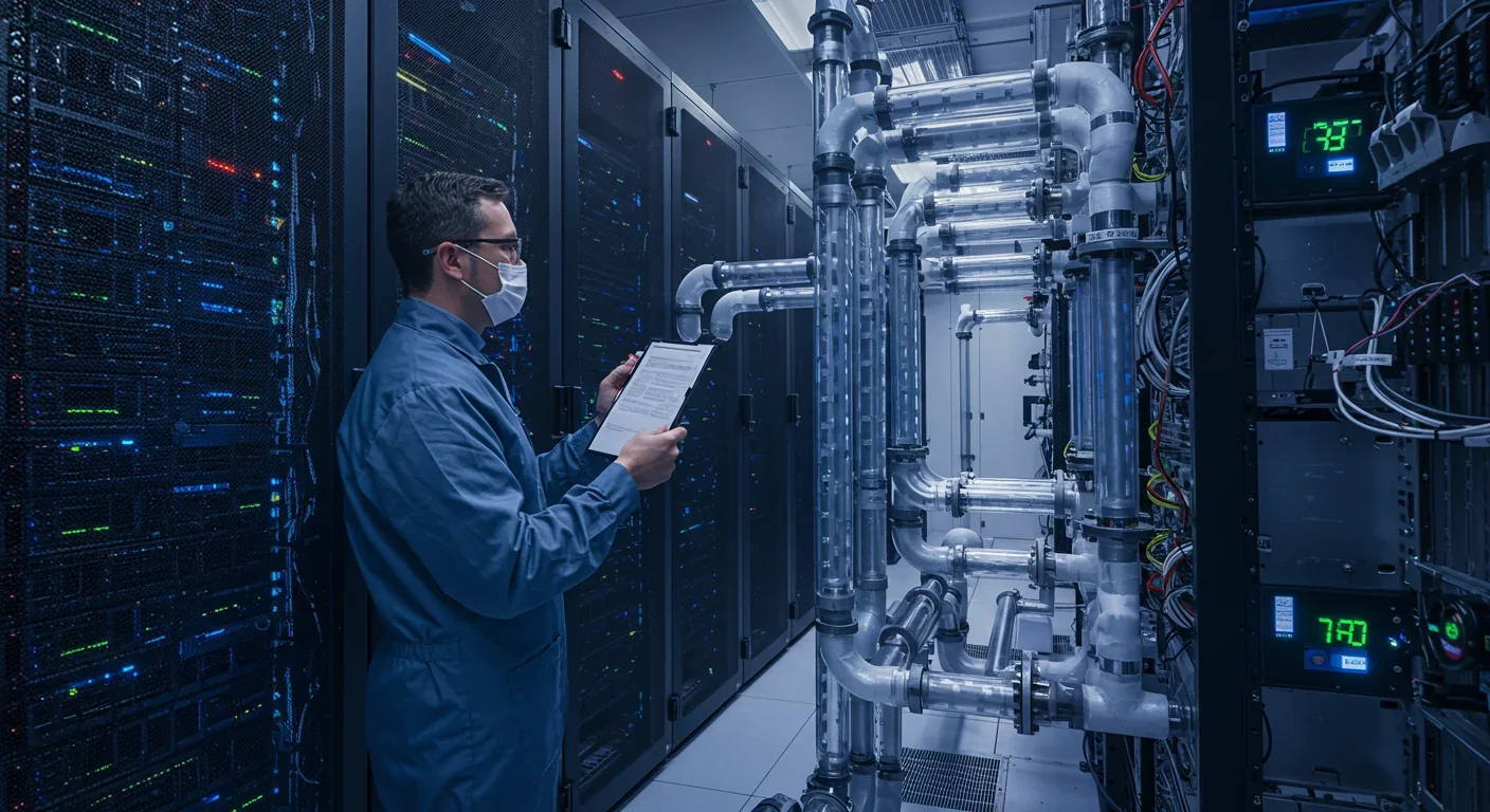 Technician inspecting liquid cooling system in modern data center with high-density server racks