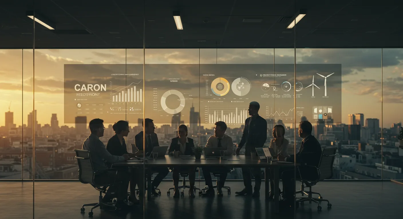 Business professionals analyzing carbon emission data and renewable energy strategies in conference room