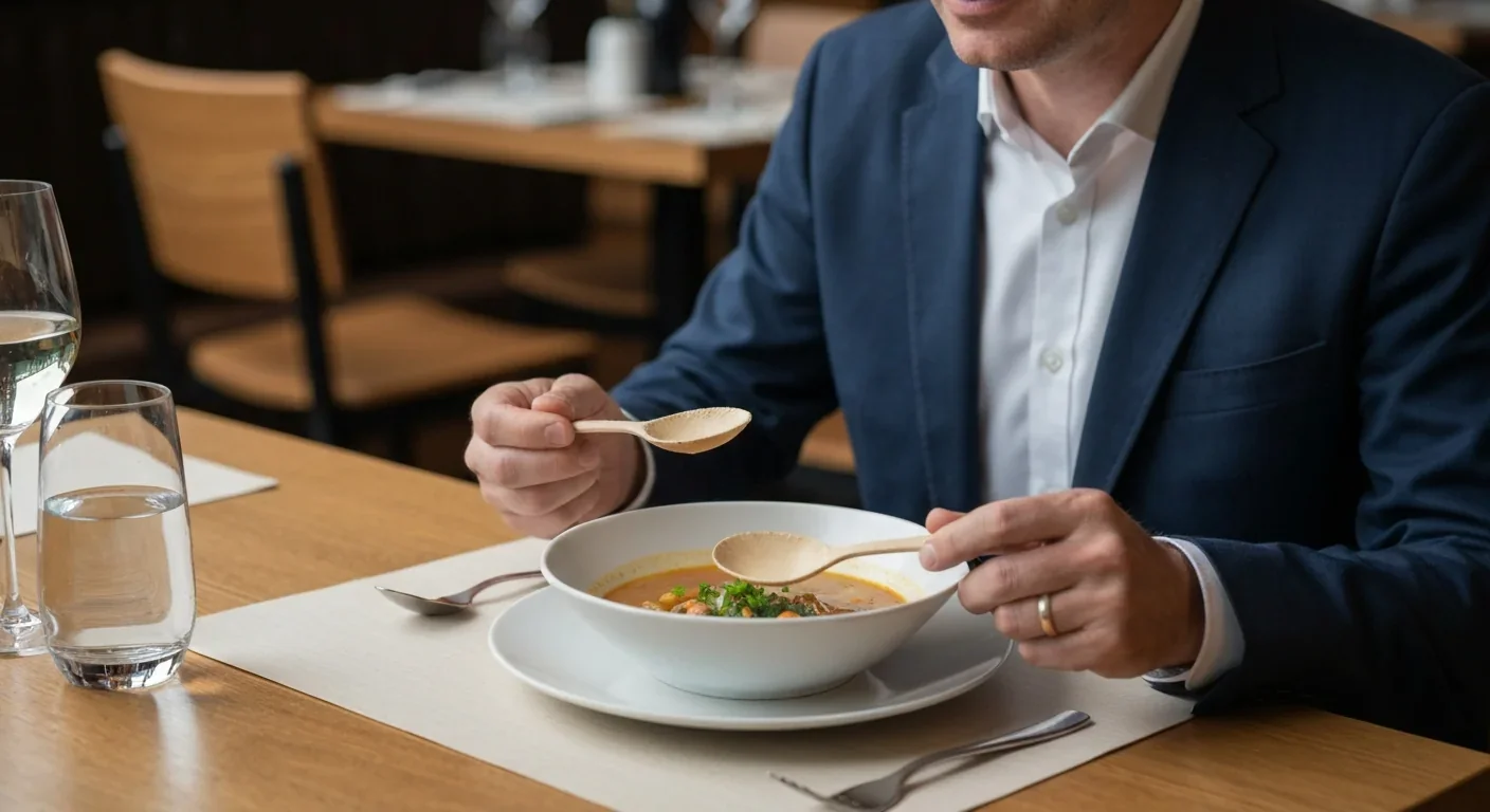 Adult diner using edible spoon with meal at restaurant