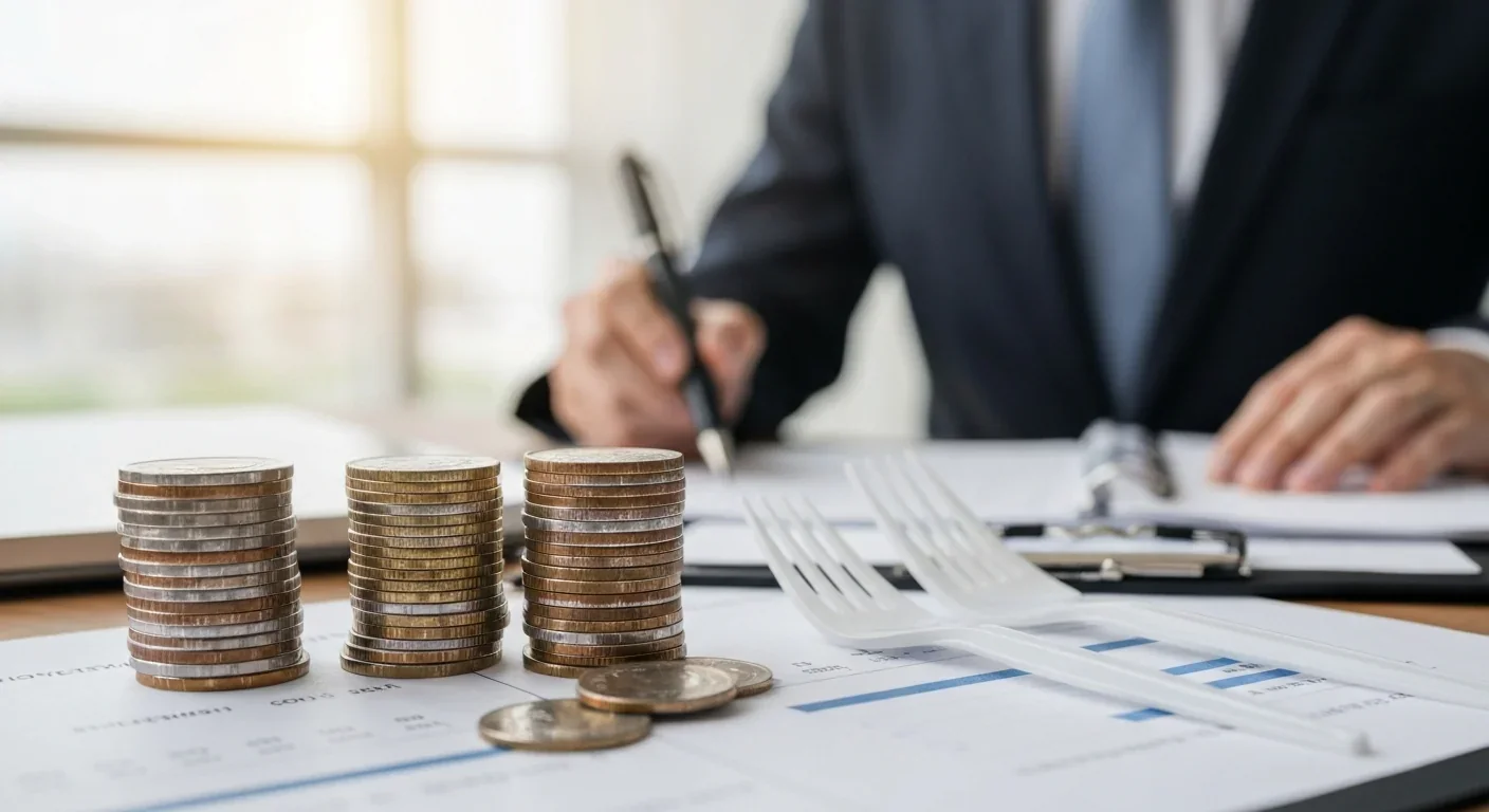 Cost comparison visualization between edible and plastic cutlery with coins