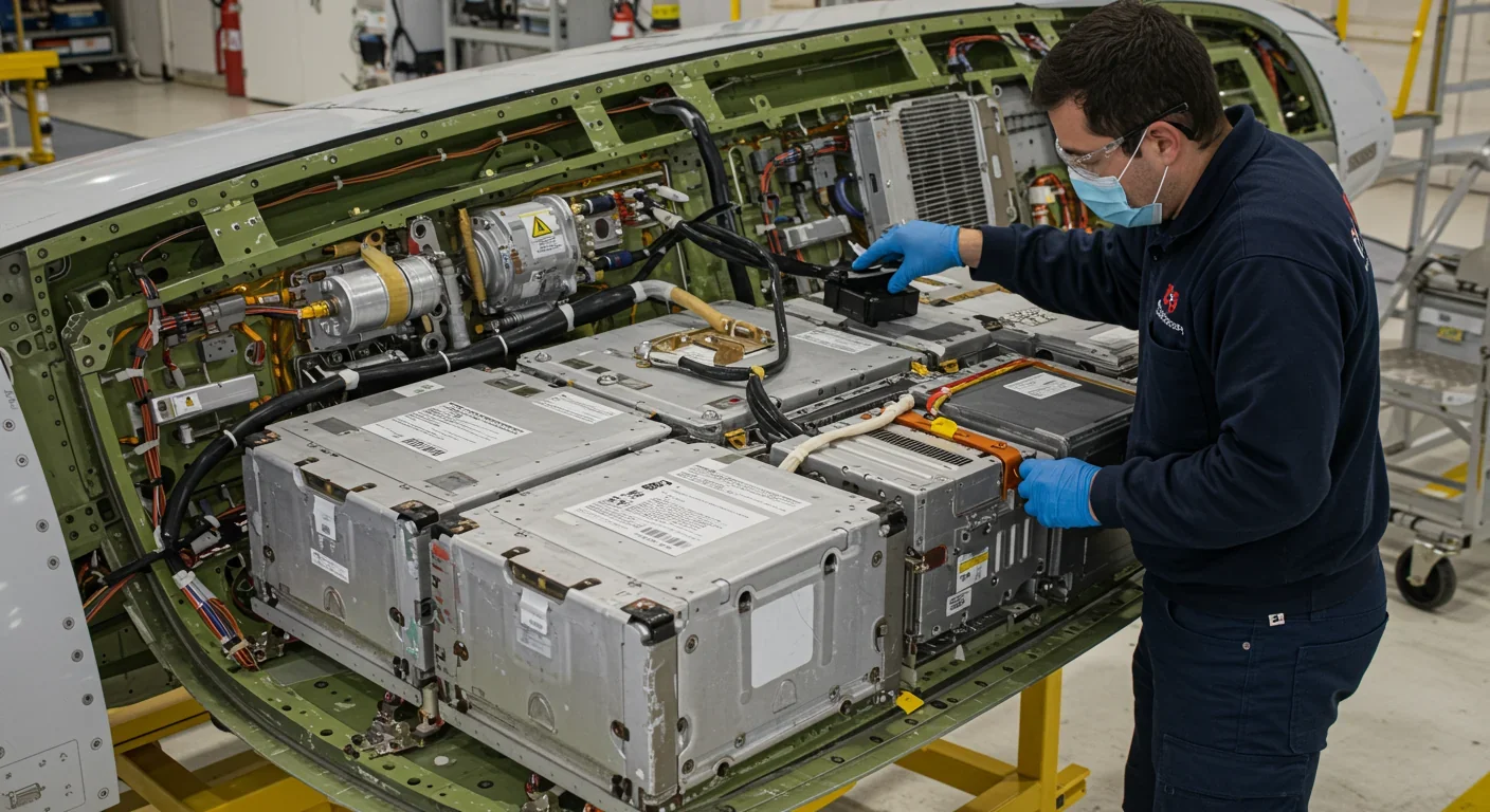Technician installing high-capacity battery system in electric aircraft demonstrating advanced energy storage technology