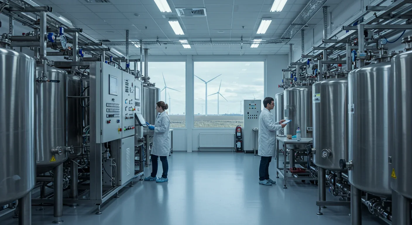 Electrolyzer facility converting CO2 to fuel with wind power visible in background