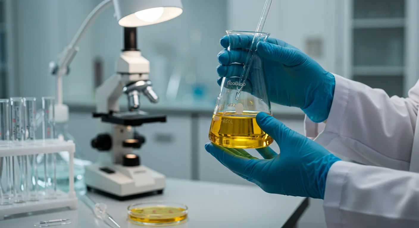 Scientist examining electro-biodiesel fuel sample in laboratory setting