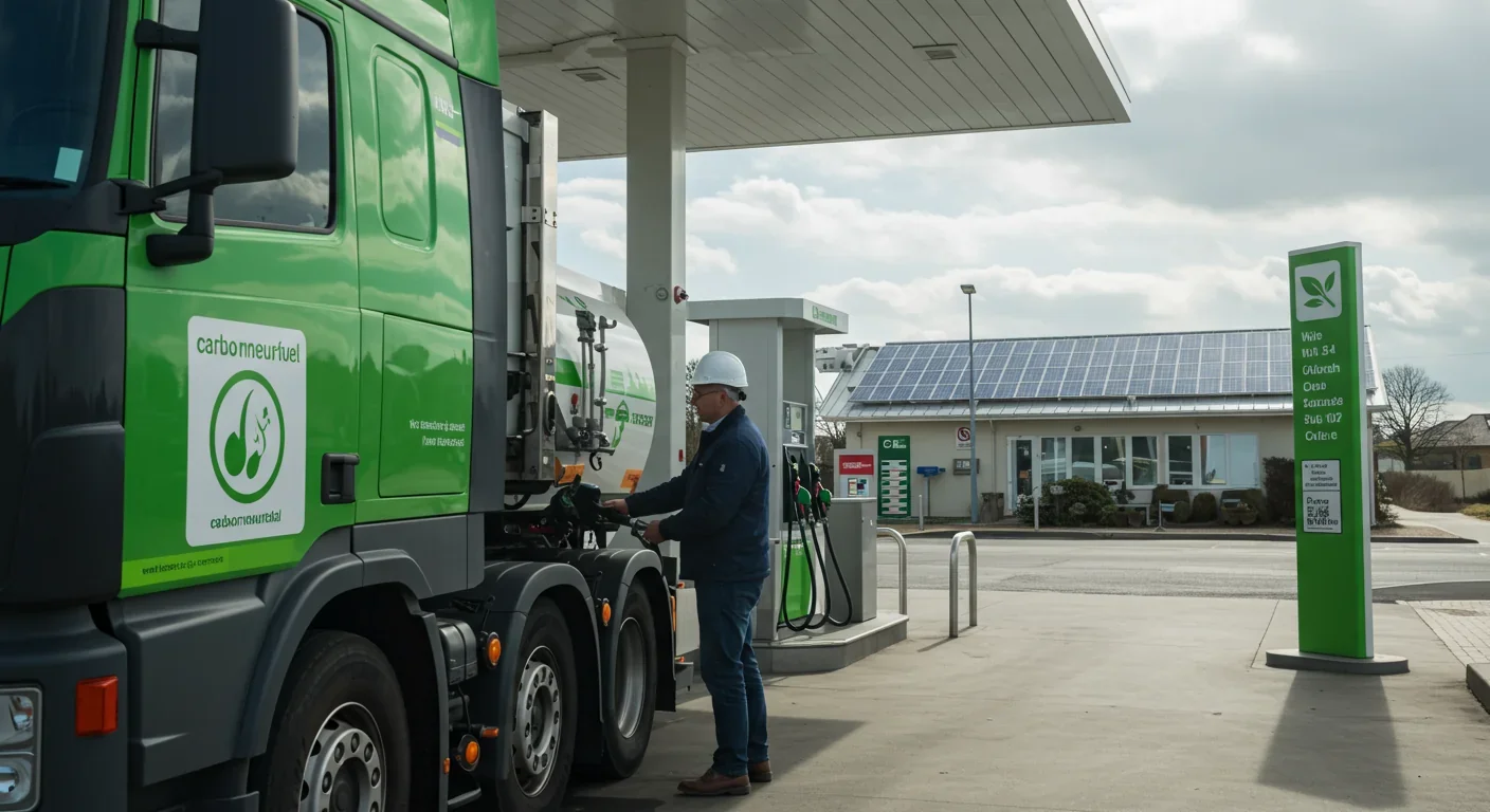 Truck refueling with carbon-neutral electro-biodiesel at modern fuel station