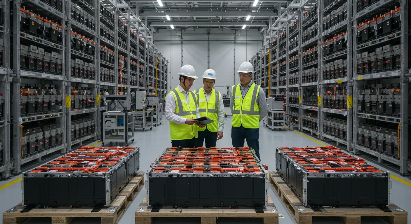 Engineer inspecting industrial battery racks in utility-scale storage facility