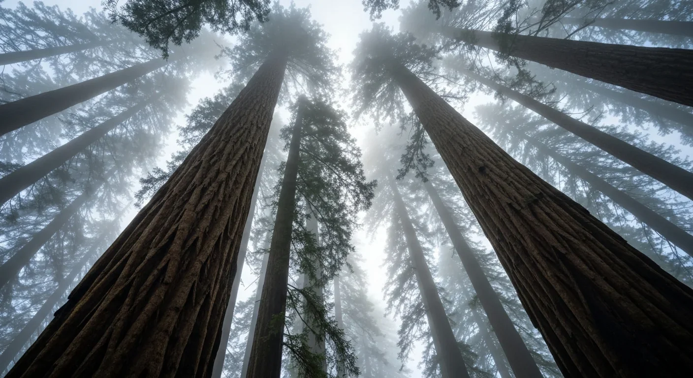 Towering coast redwood trees shrouded in dense morning fog with sunlight filtering through the canopy