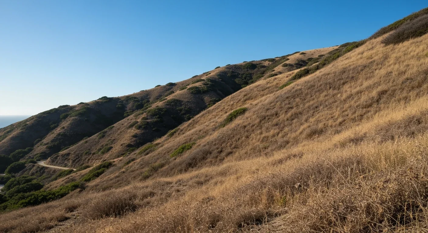 Dry California coastal hillside showing effects of drought with sparse vegetation near the Pacific Ocean