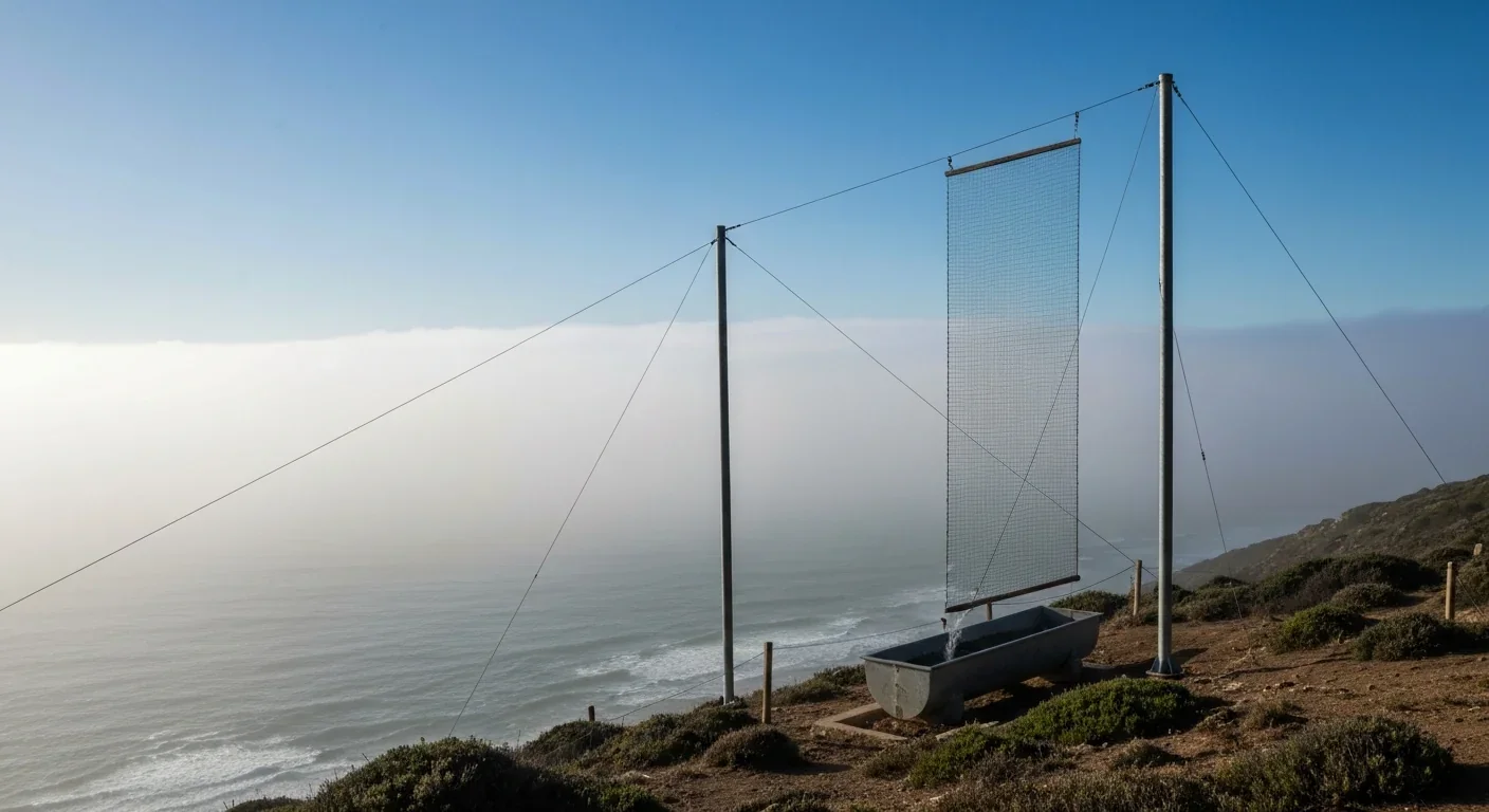 Large vertical mesh fog collection net on a coastal hillside capturing moisture from rolling fog