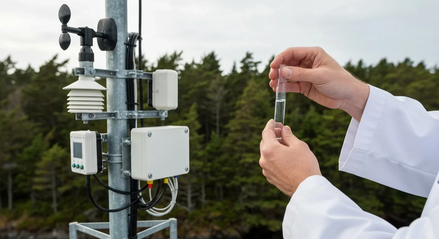 Scientist collecting a water sample next to a fog monitoring station in a coastal forest setting