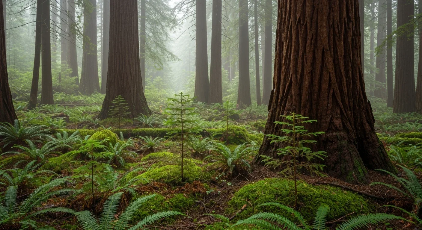 Young redwood saplings growing on a misty forest floor among ferns and moss under mature canopy