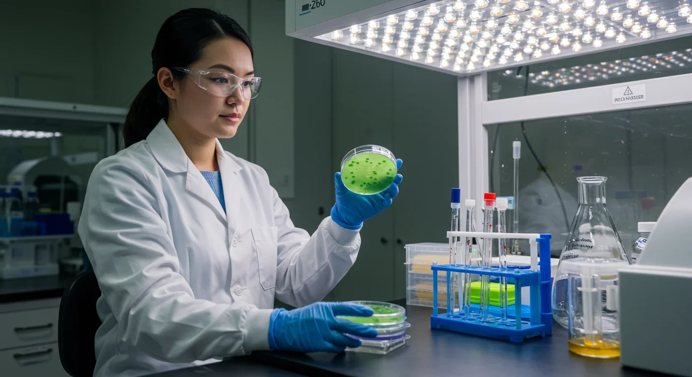 Microbiologist examining engineered nitrogen-fixing bacterial strains in laboratory