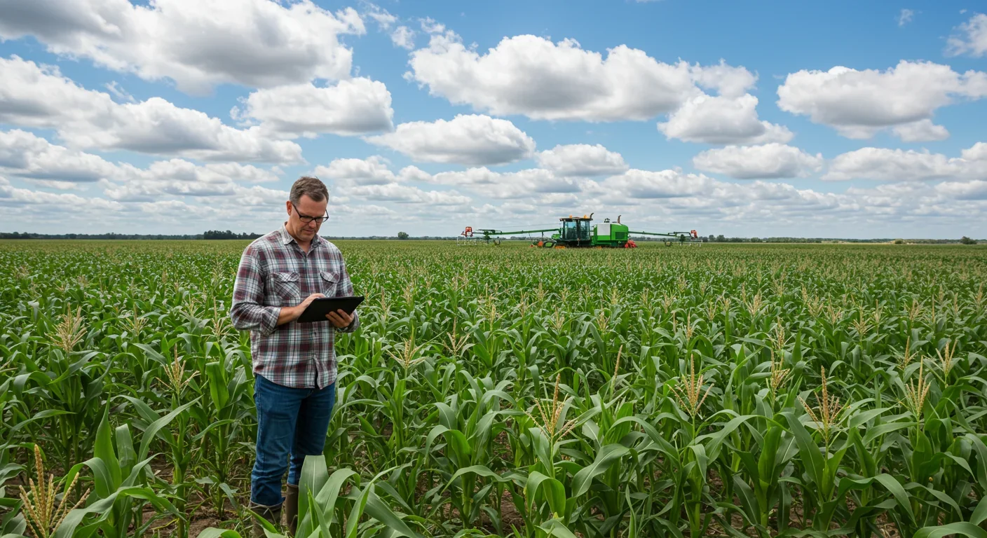 Farmer monitoring crop performance with digital tools in commercial cornfield