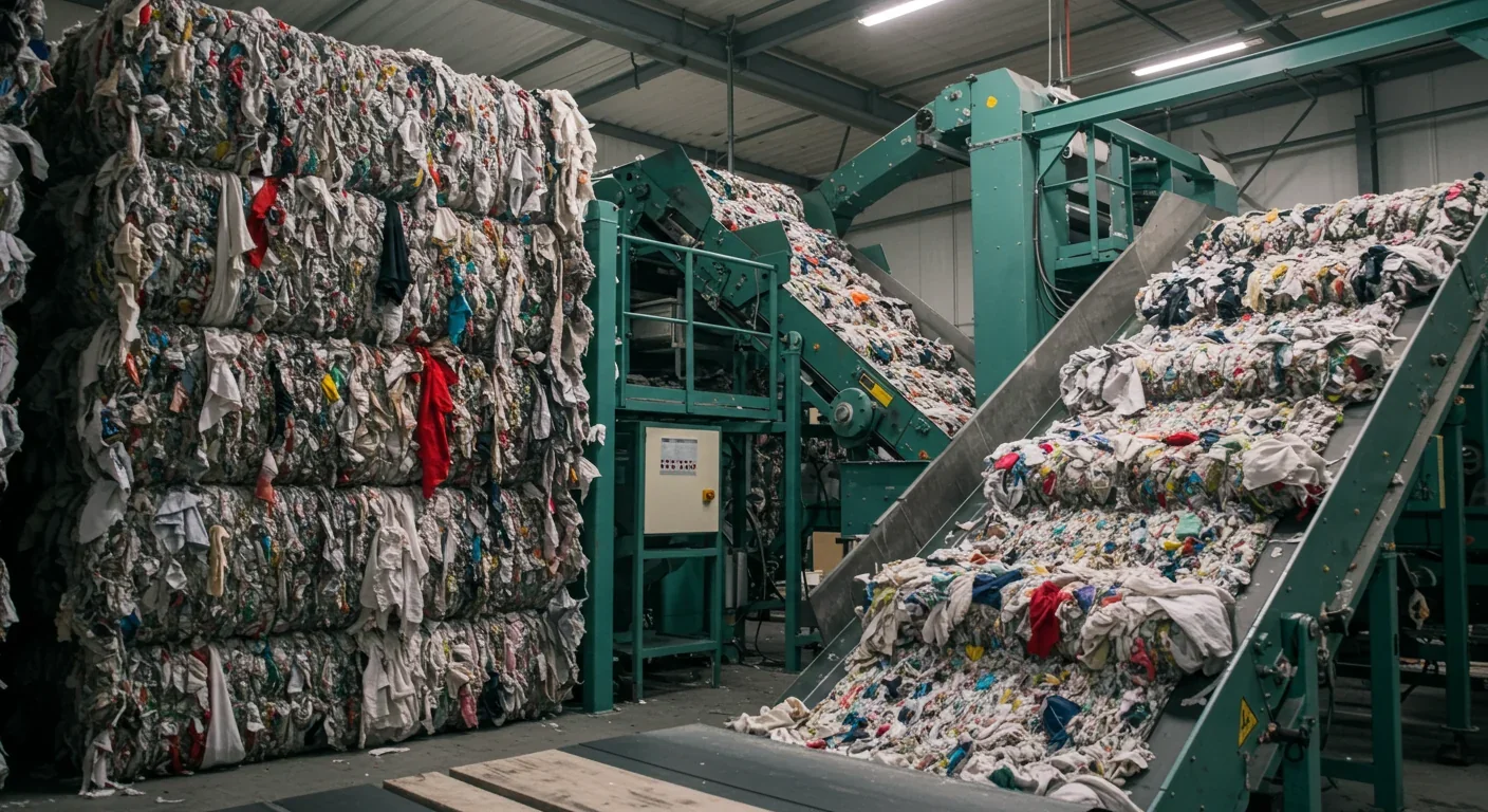 Industrial textile recycling facility processing blended fabric waste with automated sorting systems