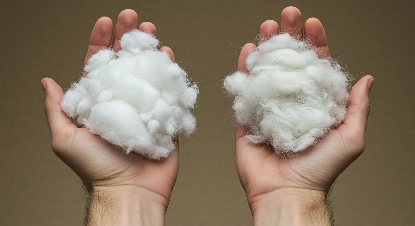 Separated cotton and polyester fibers after enzymatic recycling process showing clean material recovery