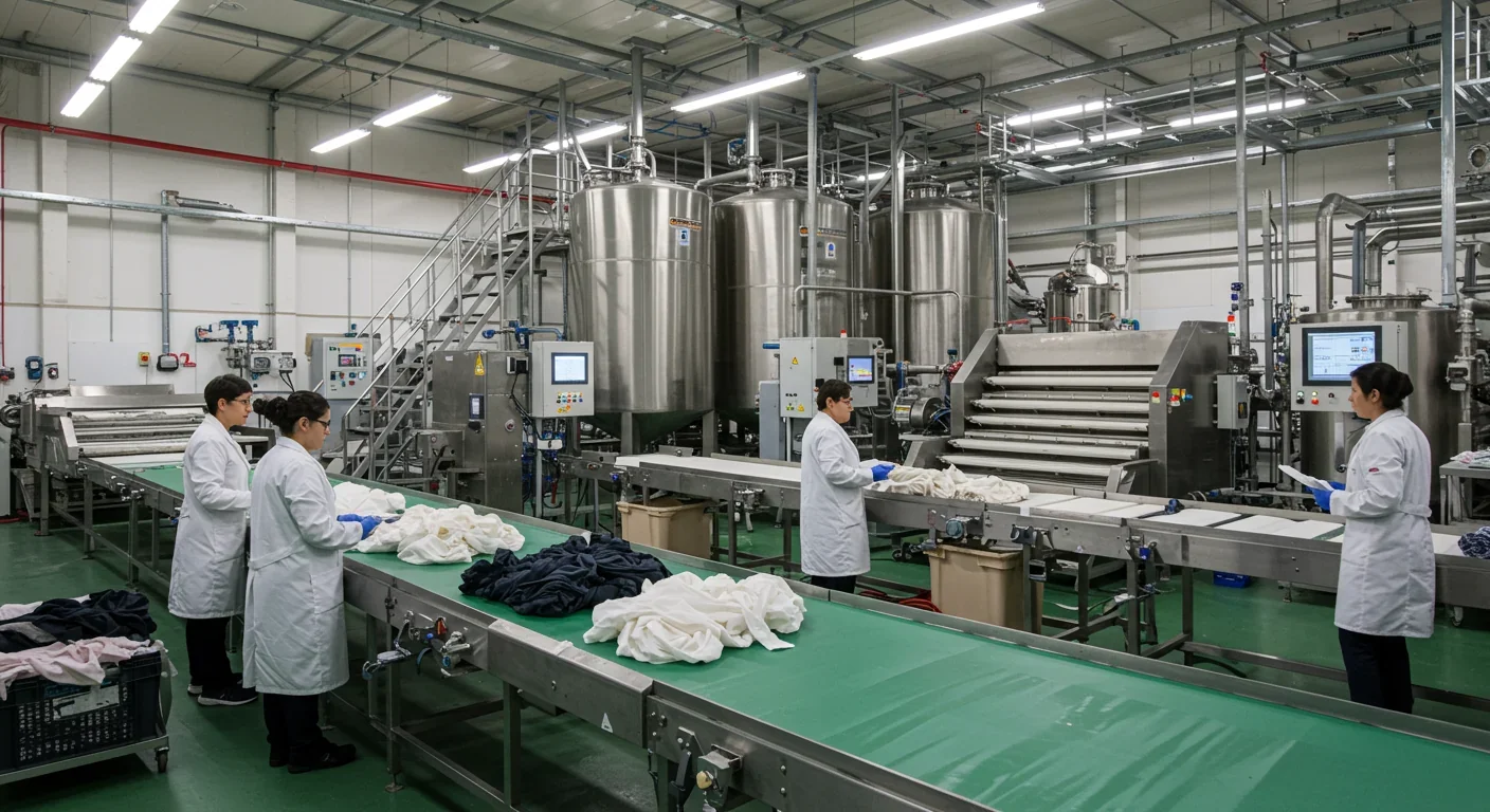 Modern enzymatic textile recycling facility with processing equipment and quality control stations